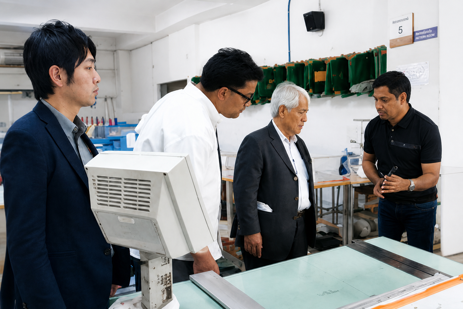 Traditional Gallery team reviewing garment production with international partners in the pattern room — Jaipur Traditional Gallery team reviewing garment production with international partners in the pattern room — Jaipur