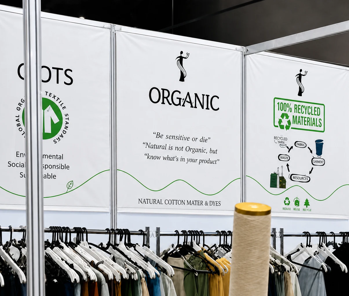 GOTS, organic and 100% recycled materials panels with garments — Traditional Gallery trade display GOTS, organic and 100% recycled materials panels with garments — Traditional Gallery trade display