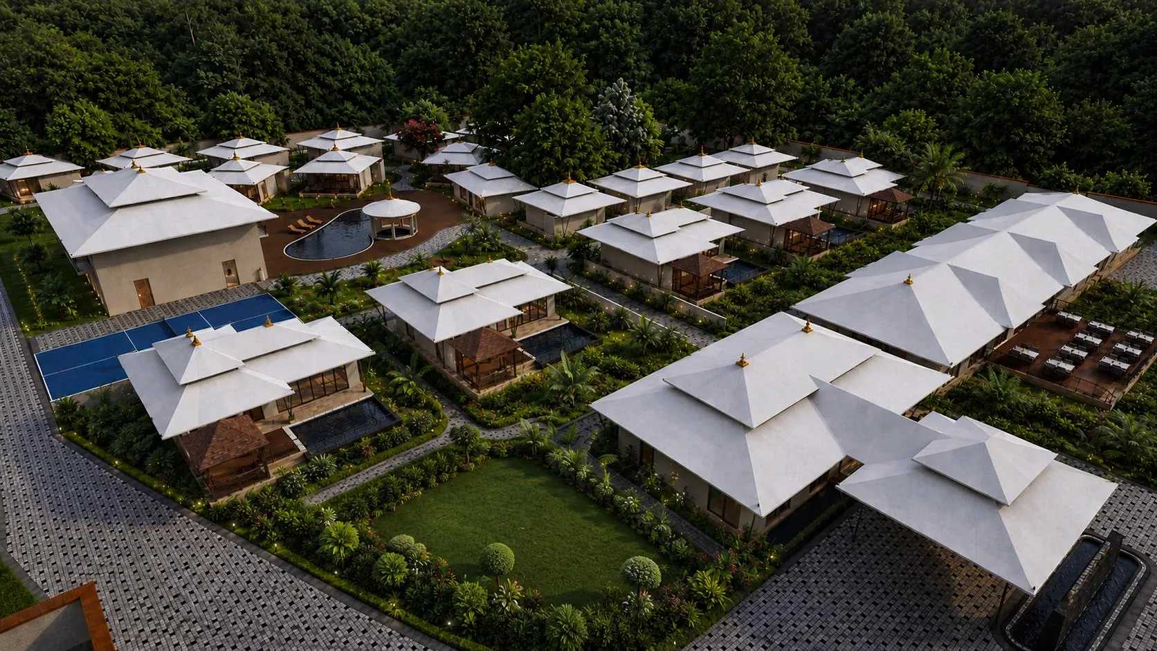 Private pool villas at Sawai Traditional, Luxury Resort seen from above, nestled in forest near Ranthambore Private pool villas at Sawai Traditional, Luxury Resort seen from above, nestled in forest near Ranthambore