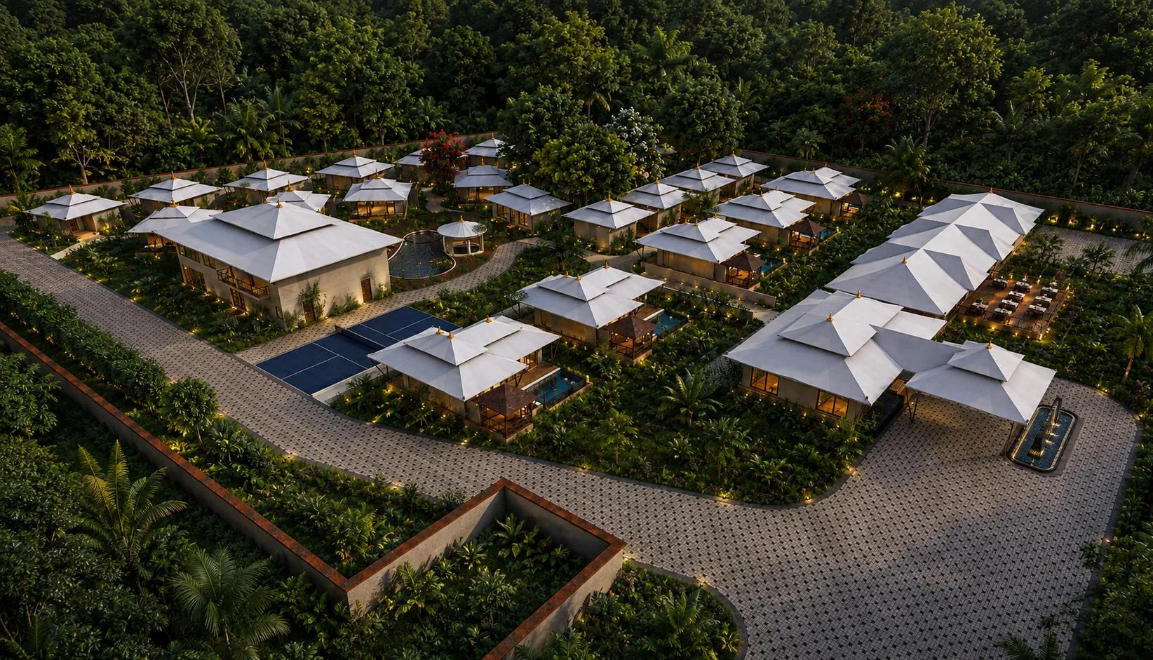 Aerial view of the villas at Sawai Traditional, Luxury Resort, each with its own garden and private pool, framed by forest — Ranthambore Aerial view of the villas at Sawai Traditional, Luxury Resort, each with its own garden and private pool, framed by forest — Ranthambore