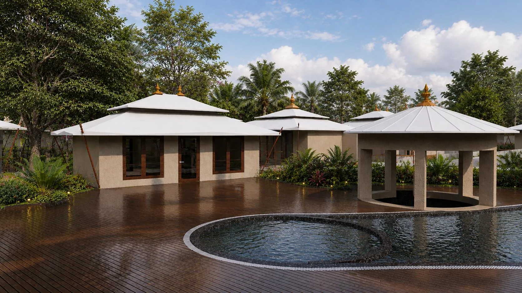 Sawai Traditional, Luxury Resort — bar block by the pool, Ranthambore The bar block by the pool at Sawai Traditional, Luxury Resort — white-roofed pavilions on a timber deck beside the pool