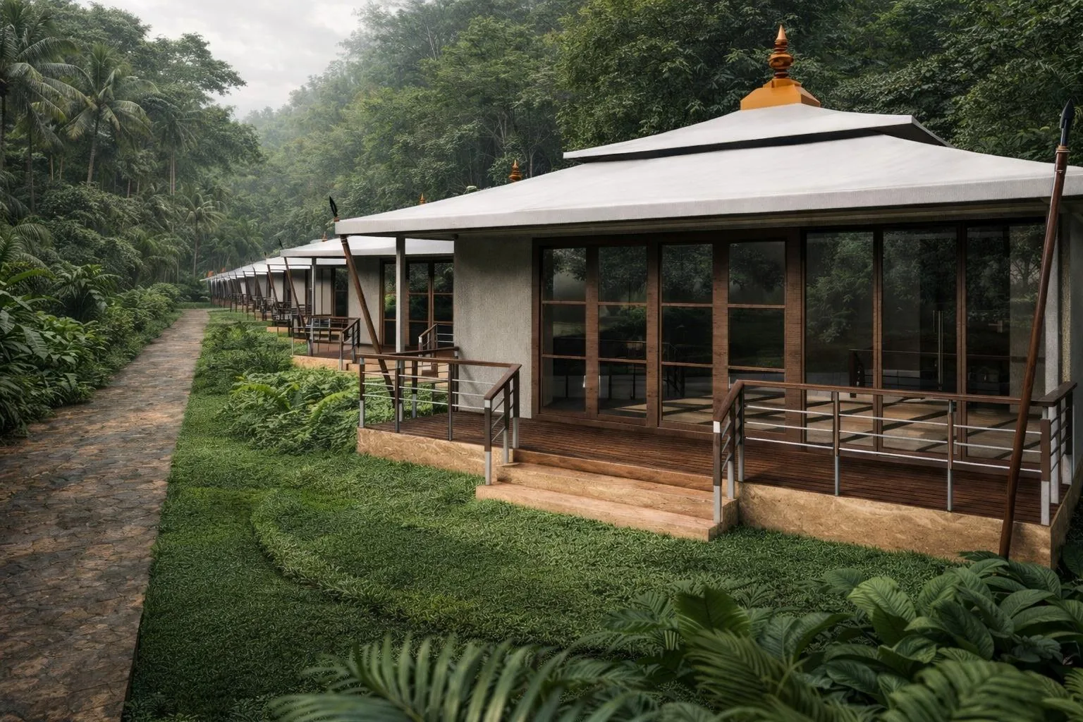 Single Room Villa with full-height glazing and a timber deck on a forest lawn — Sawai Traditional, Luxury Resort Single Room Villa with full-height glazing and a timber deck on a forest lawn — Sawai Traditional, Luxury Resort