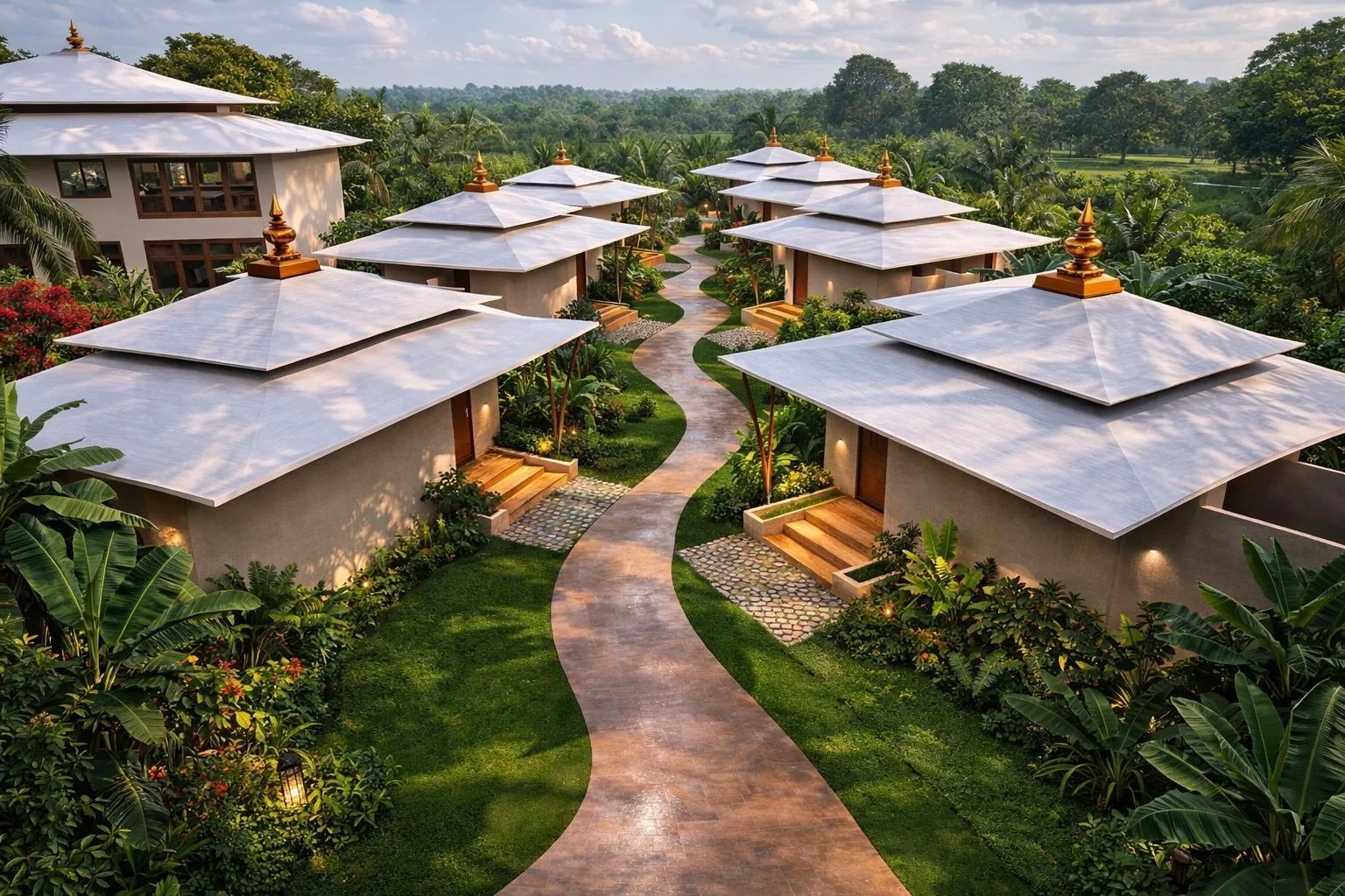 Single Room Villas along a winding garden path lined with tropical planting — Sawai Traditional, Luxury Resort Single Room Villas along a winding garden path lined with tropical planting — Sawai Traditional, Luxury Resort