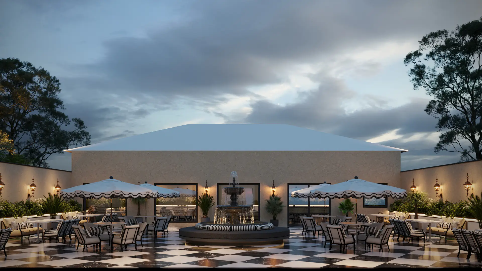 The open-air courtyard restaurant at Sawai Traditional, Luxury Resort at dusk — tiered fountain, scalloped umbrellas and lantern-lit walls The open-air courtyard restaurant at Sawai Traditional, Luxury Resort at dusk — tiered fountain, scalloped umbrellas and lantern-lit walls