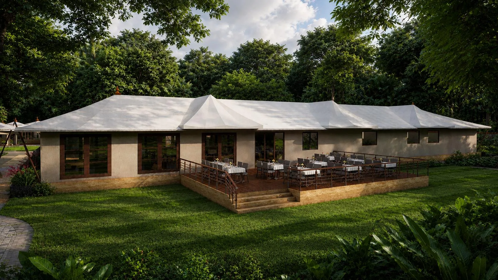 The Restaurant Block at Sawai Traditional, Luxury Resort — timber dining deck set for lunch on a lawn beneath tall trees The Restaurant Block at Sawai Traditional, Luxury Resort — timber dining deck set for lunch on a lawn beneath tall trees